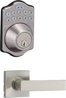 Amazonbasics 193598103755 Durable Keypad Deadbolt Lock With Modern Passage Lever - Satin Nickel Finish