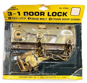 579xc Brainerd Mfg. Co. Nos Vintage Polished Brass 3 In 1 Door Lock Key Deadbolt And Chain Guard