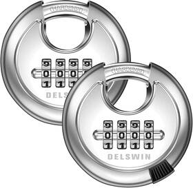 K25005-1 Delswin 4 Digit Combination Lock 2.75x2.75x0.88 Inch Body 3/8 Shackle Silver