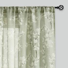 Bmdm84v2gn Fmfunctex Linen Sheer Curtains For Bedroom Sage Green Blossom Print