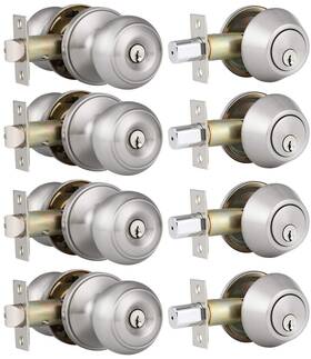 Home Improvement Direct 715668038264 4 Pack Entry Door Knob And Single Cylinder Deadbolt Combo In Satin Nicke