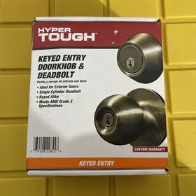 Hyper Tough 039208228558 Keyed Entry Ball Style Doorknob And Deadbolt Combo Antique Brass