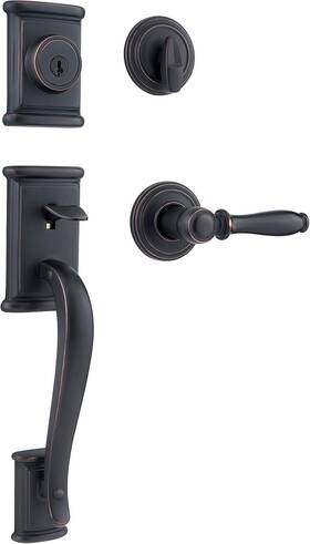 98001-098 Kwikset Ashfield Front Door Lock Handle And Deadbolt Set Venetian Bronze
