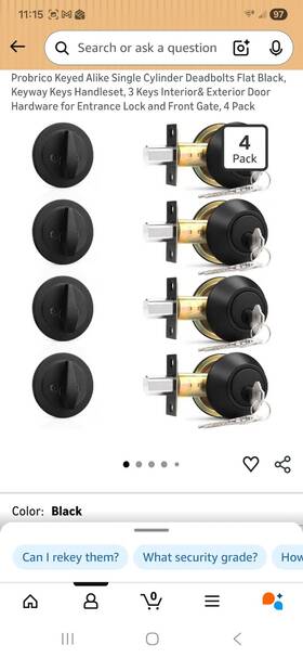 Xoo401thxz Probrico Keyed Alike Single Cylinder Deadbolt Flat Black 4 Pack Copper Keys