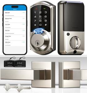 Veise 975331688897 Fingerprint Smart Locks For Front Door With 2 Lever Handle Set App Control