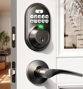 Veise 975331689979 Fingerprint Door Lock With 2 Lever Handles Front Set Matte Black