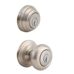 Kwikset Juno Satin Nickel Exterior Entry Door Knob And Single Cylinder Deadbolt. Fixed Price $34.99.