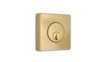 Home Decorators Square Brushed Gold Single Cylinder Deadbolt W/ Dual Keyway. Fixed Price $21.99.
