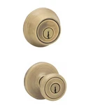 Kwikset Tylo Antique Brass Exterior Entry Door Knob And Double Cylinder Deadbolt. Fixed Price $17.99.