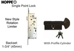 Hoppe Mortise Lock, Single Point 1-3/4" Backset With Black Profile Cylinder. Fixed Price $124.99.