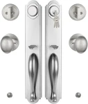 Brushed Nickel Double Door Handle Set With Keyed Deadbolt, Reversible Design. Fixed Price $217.99.