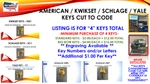 Kwikset Schlage American Yale - Keys Cut Code Computerized 4 Total. Fixed Price $20.00.