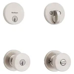 Kwikset Pismo Round Rose Satin Nickel Knob Door Combo Pack Featuring Smartkey. Fixed Price $35.99.