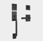 Woodward Matte Black Single Cylinder Door Handleset With Woodcliff Interior Leve. Fixed Price $59.99.