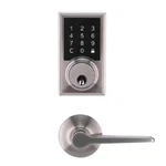 Square Satin Nickel Electronic Single Cylinder Touchpad Deadbolt With Freedom Ha. Fixed Price $62.99.